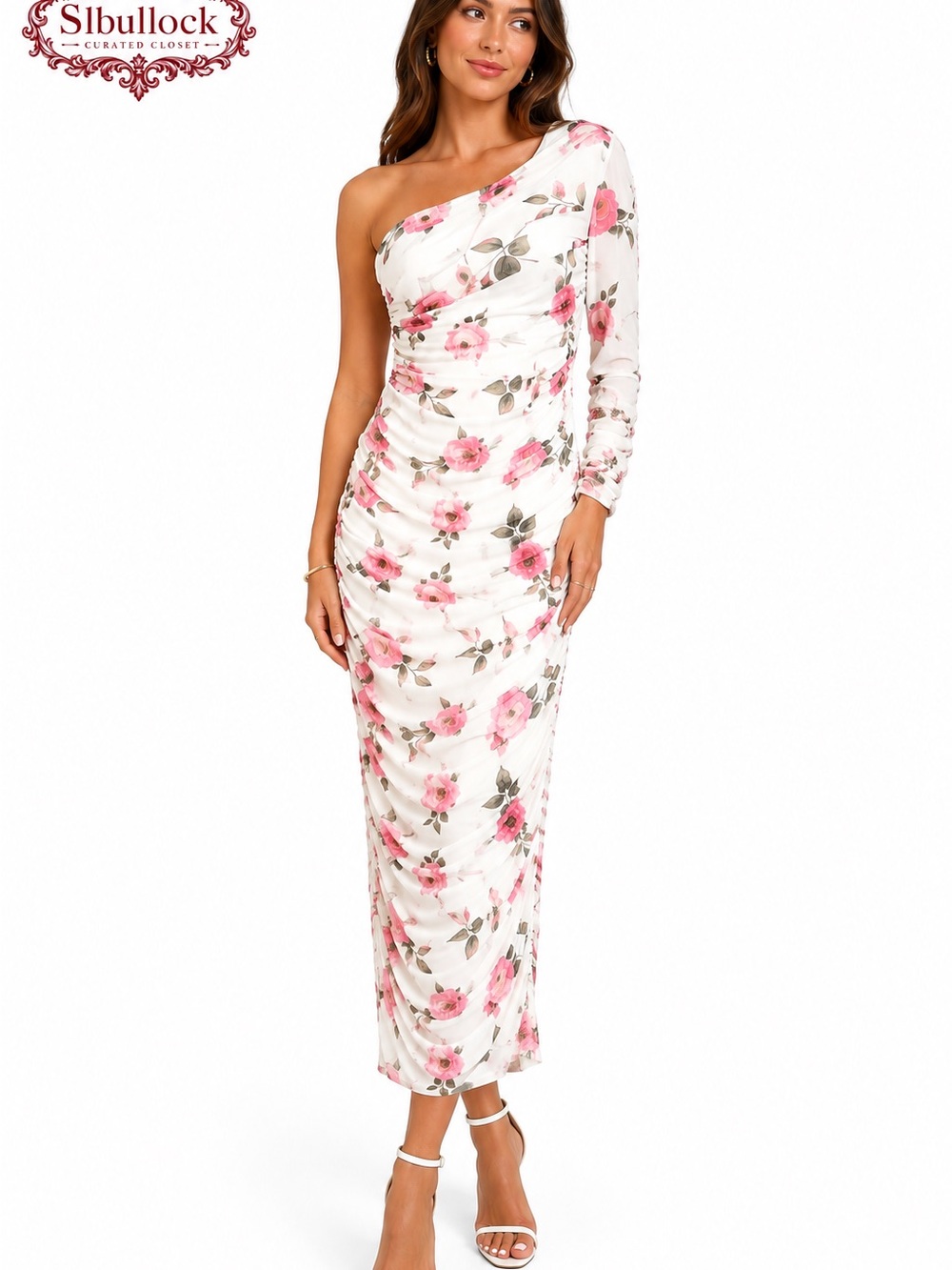 M7 Bella Barnett NWT Floral One-Shoulder Ruched Midi Dress Medium Sheer Sleeve